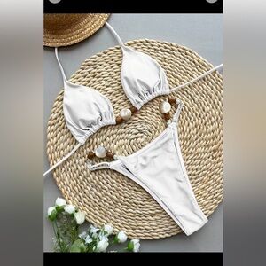 White Bikini with Pearl and Brown Accents